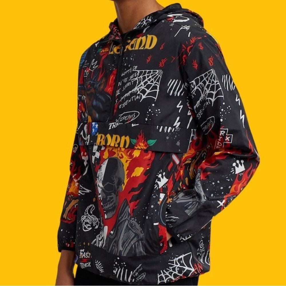 NWT Reason Clothing Flaming Skulls Anorak Hooded Quarter Zip Jacket Men's Large